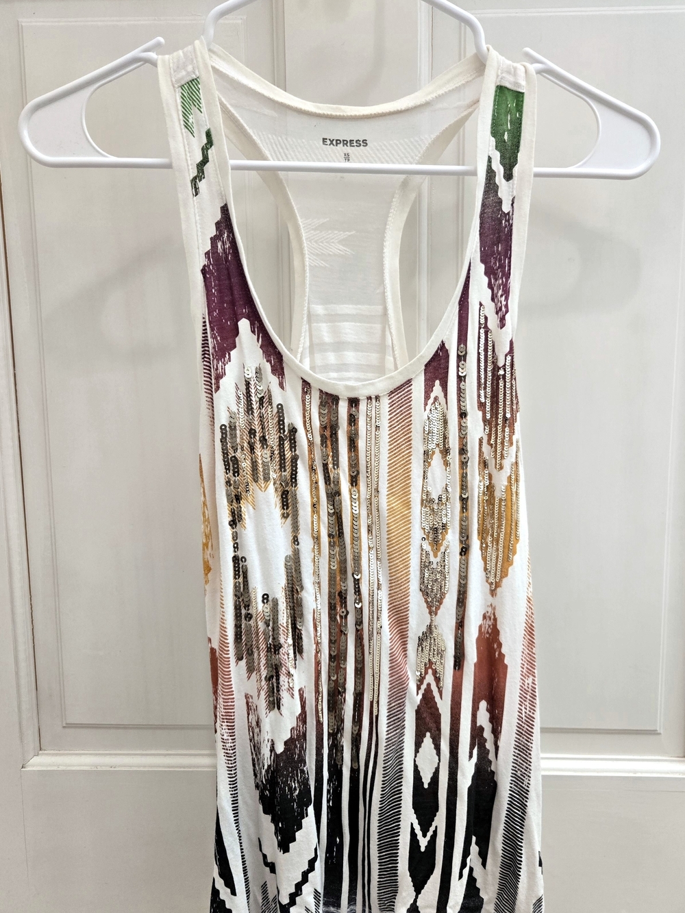 Express White Tank with Multicolor Sequin Aztec Print